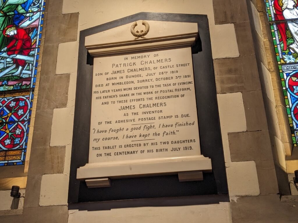 Memorial to Patrick Chalmers, son of James, inventor of the postage stamp, at Dundee Cathedral