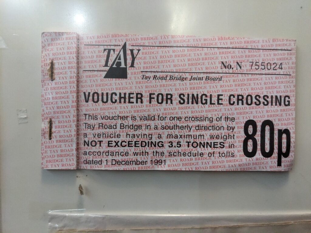 Voucher for a crossing of the Tay Road Bridge. Scotland has since scrapped bridge tolls.